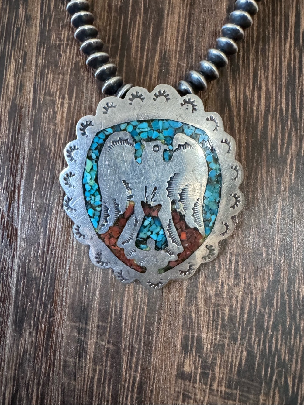 Vintage Sterling Silver Thunderbird Pendant with Turquoise and Coral